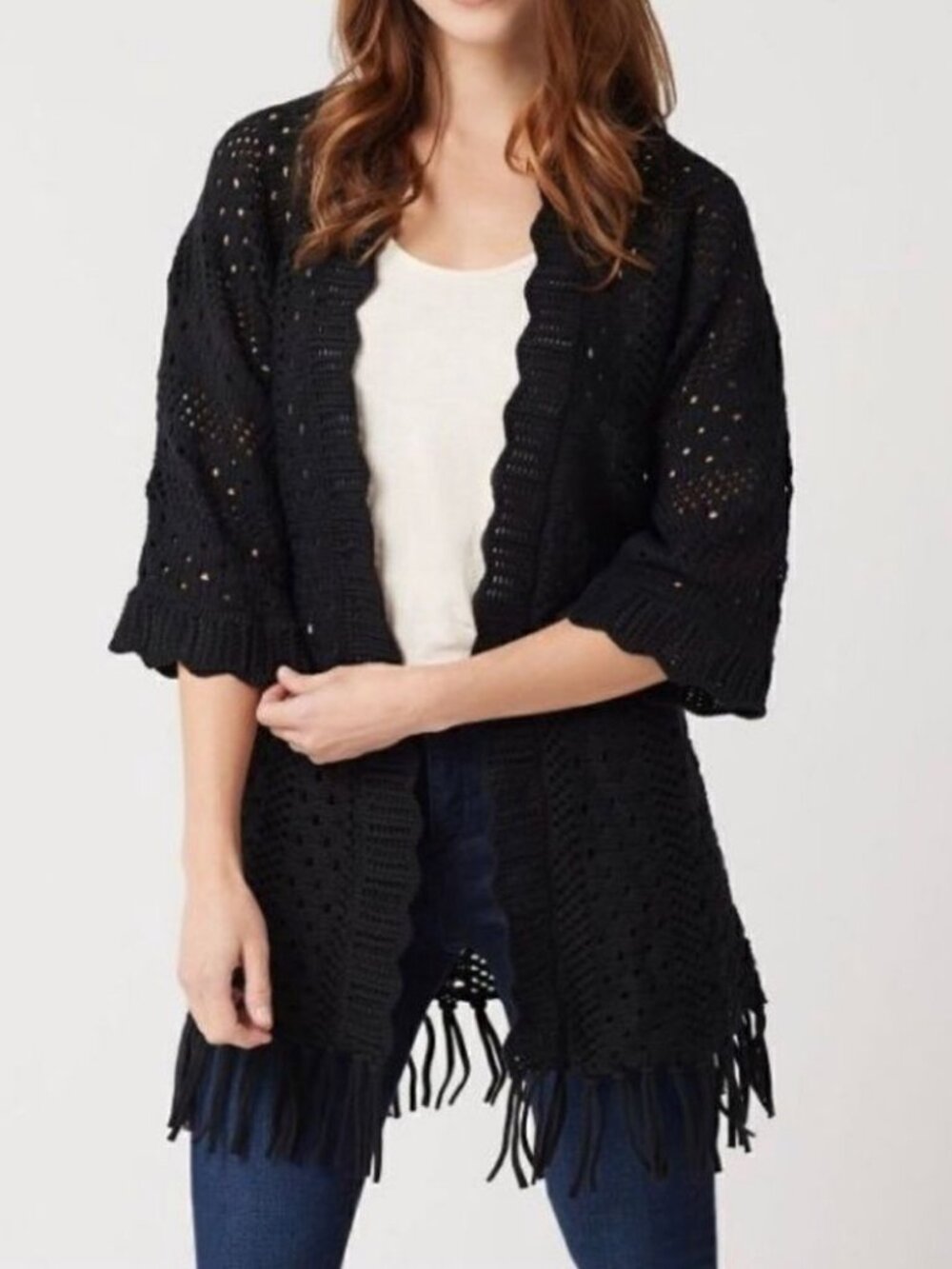 Isaac Mizrahi Open Stitch Cardigan Fringe Trim